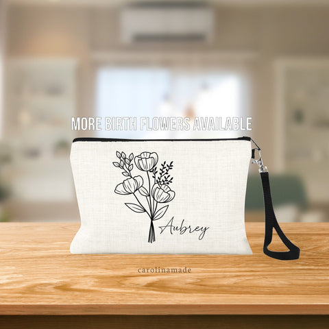 Personalized Birth Month Flower Makeup Bag, Floral Cosmetic Bag, Custom Name Birth Flower Zipper Pouch, Money Wristlet, Gift for Her, Sister