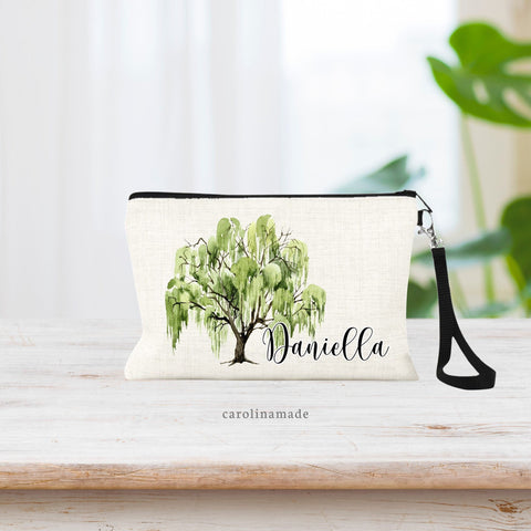 Watercolor Willow Tree makeup bag. Personalized with you name on the bottom right corner of the tree.