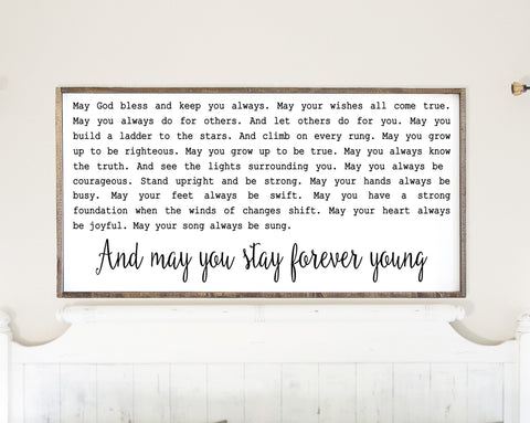 Forever Young Song Lyric Quote Bob Dylan Sign Farmhouse Rustic Bedroom Wall Decor Wood Framed Playroom Childs Room Art, Nursery, Graduation