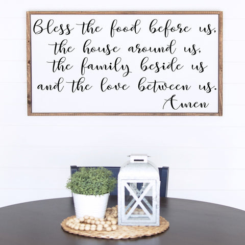 Bless the Food before us, this Home around us, the Family beside us, and the love between us Farmhouse Style Rustic Decor Wood Framed Dining