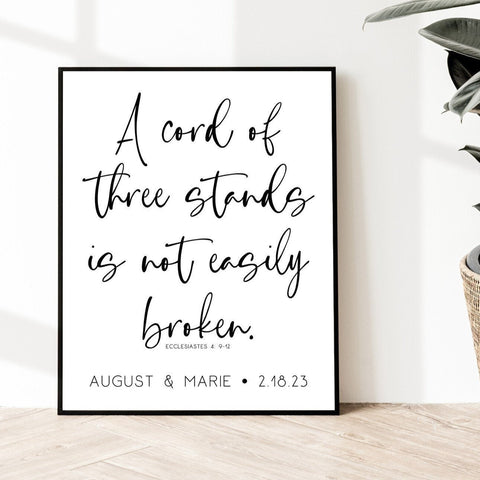 A cord of three strands is not easily broken, Ecclesiastes 4: 9-12, Personalized Unity Sign, Custom Unity Sign For Wedding Ceremony